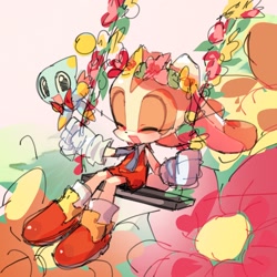 Size: 1280x1280 | Tagged: safe, artist:soba_kt, cheese (chao), cream the rabbit, chao, 2025, abstract background, creamabetes, cute, daytime, duo, eyes closed, flower, flower crown, looking at viewer, neutral chao, outdoors, sketch, smile, swing