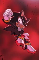 Size: 1325x2048 | Tagged: safe, artist:thenovika, shadow the hedgehog, 2025, clenched fist, clenched teeth, gradient background, looking at viewer, mid-air, solo