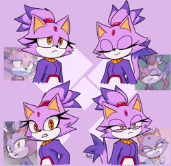 Size: 1012x984 | Tagged: safe, artist:kevh130_, blaze the cat, 2025, abstract background, clenched teeth, eyes closed, frown, looking at viewer, looking offscreen, redraw, reference inset, sad, smile, solo, squinting