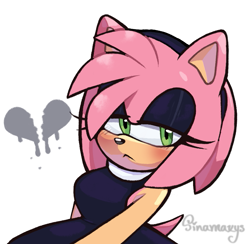 Size: 799x781 | Tagged: safe, artist:sinamaxys, amy rose, 2025, amybetes, blushing, broken heart, cute, eyeshadow, frown, goth, goth amy, goth outfit, lidded eyes, looking offscreen, signature, simple background, solo, white background