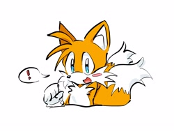 Size: 1925x1475 | Tagged: safe, artist:believe1nmyself, miles "tails" prower, 2025, blushing, bust, cute, exclamation mark, flat colors, looking offscreen, simple background, smile, solo, tailabetes, white background