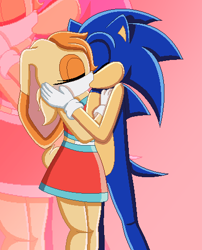 Size: 392x484 | Tagged: safe, artist:soneamlover, cream the rabbit, sonic the hedgehog, 2019, age difference, aged up, cream x sonic, duo, echo background, eyes closed, holding each other, kiss, older, shipping, standing, straight