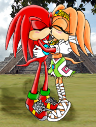 Size: 900x1188 | Tagged: safe, artist:raianonzika, knuckles the echidna, tikal, 2010, abstract background, daytime, duo, eyes closed, grass, holding each other, incest, kiss, knuxikal, mystic ruins, outdoors, screenshot background, shipping, standing, straight