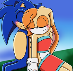 Size: 719x698 | Tagged: safe, artist:soneamlover, cream the rabbit, sonic the hedgehog, 2020, abstract background, age difference, aged up, blushing, cream x sonic, daytime, duo, eyes closed, holding hands, older, outdoors, shipping, sitting, smile, sonic x style, straight