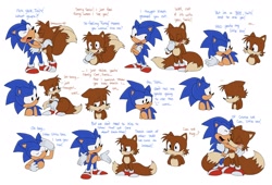 Size: 2048x1396 | Tagged: safe, artist:pachirizuu, miles "tails" prower, sonic the hedgehog, adventures of sonic the hedgehog, 2025, age difference, blushing, dialogue, duo, english text, flat colors, frown, gay, hugging, kiss on cheek, proship, shipping, simple background, smile, sonic x tails, standing, underage, white background