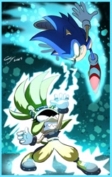 Size: 1000x1584 | Tagged: safe, artist:calebharris496, sonic the hedgehog, surge the tenrec, 2025, abstract background, border, duo, electricity, fight, looking at each other, running, signature, standing