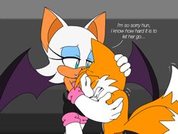 Size: 1024x768 | Tagged: safe, artist:knahriko, miles "tails" prower, rouge the bat, 2019, abstract background, comforting, crying, duo, flat colors, hugging, not shipping, platonic, sonic x, standing