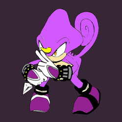 Size: 894x894 | Tagged: safe, artist:maximusw01, espio the chameleon, 2021, bending over, burgundy background, colored version, flat colors, frown, holding something, kunai knife, purple background, simple background, solo, standing