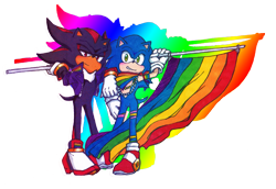 Size: 2453x1684 | Tagged: safe, artist:dawnhedgehog555, shadow the hedgehog, sonic the hedgehog, 2016, armband, bandana, blushing, duo, flag, gay, gay pride, holding something, jacket, lidded eyes, looking at viewer, necklace, pride, pride flag, shadow x sonic, shipping, simple background, smile, standing, transparent background