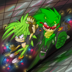 Size: 1000x1000 | Tagged: safe, artist:dawnhedgehog555, scourge the hedgehog, 2019, abstract background, city, clenched teeth, duo, eye clipping through hair, holding them, lidded eyes, manic the hedgehog, outdoors, police car, running, smile