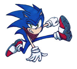 Size: 1241x1108 | Tagged: safe, artist:dawnhedgehog555, sonic the hedgehog, 2018, bandana, clenched fist, hand on ground, looking at viewer, posing, simple background, smile, solo, traditional media, transparent background