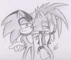 Size: 1208x1018 | Tagged: safe, artist:melliehel, oc, oc:ashura the hedgehog, 2011, arm around shoulders, duo, eyes closed, facepalm, looking at them, manic the hedgehog, monochrome, signature, simple background, smile, standing, traditional media