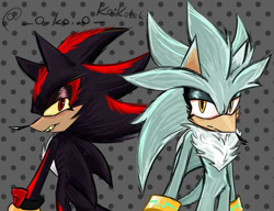 Size: 1280x985 | Tagged: safe, artist:koikolek, shadow the hedgehog, silver the hedgehog, 2025, abstract background, duo, eyelashes, frown, lidded eyes, looking at viewer, signature, standing, yellow sclera