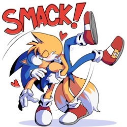 Size: 2000x2000 | Tagged: safe, artist:la_gata_golosa_, miles "tails" prower, sonic the hedgehog, 2025, duo, gay, heart, holding them, kiss, sfx, shipping, smack, sonic x tails, standing, surprise kiss