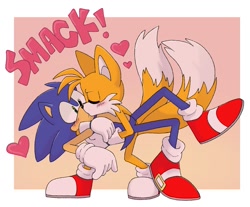 Size: 1183x978 | Tagged: safe, artist:pachirizuu, miles "tails" prower, sonic the hedgehog, 2025, age difference, blushing, border, duo, gay, gradient background, heart, holding them, kiss, proship, sfx, shipping, smack, sonic x tails, standing