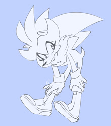 Size: 1280x1452 | Tagged: safe, artist:dailysilverthehedgehog, silver the hedgehog, 2019, bending over, blue background, cute, eyelashes, frown, looking offscreen, monochrome, simple background, solo