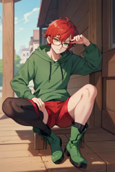 Size: 512x768 | Tagged: safe, ai art, gadget the wolf, human, asymmetrical legwear, boots, glasses, green eyes, hoodie, humanized, male, red hair, shorts, single sock, single thighhigh