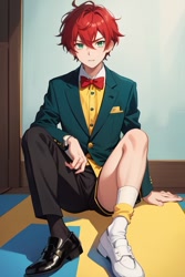 Size: 512x768 | Tagged: safe, ai art, barry the quokka, human, asymmetrical footwear, asymmetrical legwear, blazer, bowtie, crimson hair, green eyes, humanized, male, name tag, shirt, shoes, shorts, single pantsleg, socks