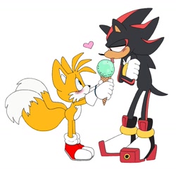 Size: 1161x1119 | Tagged: safe, artist:pachirizuu, miles "tails" prower, shadow the hedgehog, 2025, age difference, arms folded, blushing, duo, flat colors, food, gay, heart, holding something, ice cream, licking, lidded eyes, looking at each other, shadow x tails, shipping, simple background, standing, tongue out, white background