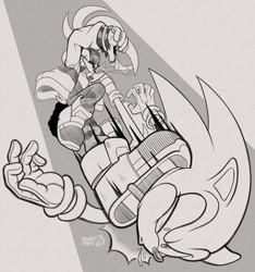 Size: 963x1031 | Tagged: safe, artist:exsurget, artist:gemlik_rogue, sonic the hedgehog, surge the tenrec, 2025, abstract background, duo, fight, greyscale, kicking, monochrome, signature