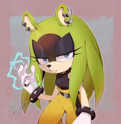 Size: 1958x2018 | Tagged: safe, artist:evilshadix, surge the tenrec, 2024, abstract background, clenched teeth, electricity, frown, hair down, lidded eyes, looking at viewer, signature, standing