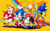 Size: 1163x720 | Tagged: safe, artist:shockrabbit, artist:tyler mcgrath, metal sonic, mighty the armadillo, miles "tails" prower, ray the flying squirrel, sonic the hedgehog, sonic mania, 2018, abstract background, black sclera, classic knuckles, classic sonic, classic style, classic tails, dust clouds, group, lineless, looking at them, looking offscreen, mid-air, robot, running, shadow (lighting), smile