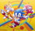 Size: 1024x917 | Tagged: safe, artist:karneolienne, knuckles the echidna, miles "tails" prower, sonic the hedgehog, sonic mania, 2017, abstract background, classic knuckles, classic sonic, classic tails, looking at viewer, mid-air, signature, smile, treads, trio