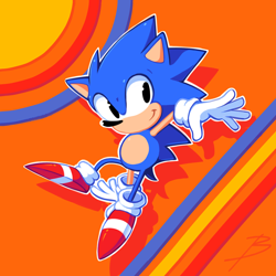 Size: 1672x1672 | Tagged: safe, artist:balitix, sonic the hedgehog, sonic mania, abstract background, classic sonic, looking offscreen, mid-air, outline, shadow (lighting), signature, smile, solo