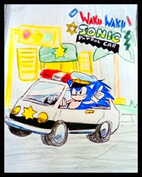 Size: 2111x2623 | Tagged: safe, artist:jamemox, sonic the hedgehog, 2017, abstract background, car, city, driving, english text, looking offscreen, outdoors, police car, police hat, sheriff star, smile, solo, thumbs up, traditional media, traffic light, tree, waku waku sonic patrol car