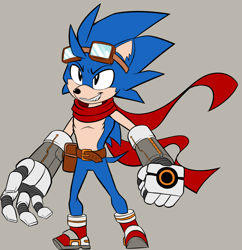 Size: 1218x1256 | Tagged: safe, artist:freehdmcgee, sonic the hedgehog, hedgehog, series:sonic revolt, alternate universe, bag, belt, clenched fist, goggles, goggles on head, power ring, redesign, ring, roboticized, satam, scarf, shoes, smiling