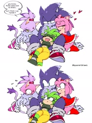 Size: 1536x2048 | Tagged: safe, artist:quaverdraws, amy rose, blaze the cat, sonic the hedgehog, surge the tenrec, group, group hug, heart, hugging, simple background, sonic the werehog, were form, werehog, white background