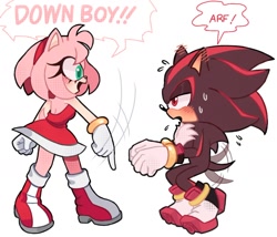 Size: 1500x1285 | Tagged: safe, artist:maru_chann___, amy rose, shadow the hedgehog, amy x shadow, amybetes, blushing, cute, down boy, duo, meme, shadowbetes, shipping, simple background, straight, wagging tail, white background