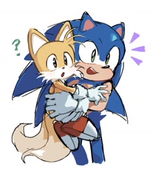 Size: 1432x1632 | Tagged: safe, artist:leum439, miles "tails" prower, sonic the hedgehog, 2025, carrying them, duo, looking at viewer, question mark, simple background, sketch, standing, white background