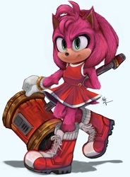 Size: 841x1142 | Tagged: safe, artist:msvartzy, amy rose, 2025, boots, hand behind back, holding something, lineless, movie style, piko piko hammer, shadow (lighting), shoelaces, signature, simple background, smile, solo, standing, white background