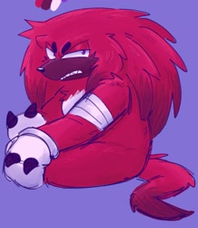 Size: 1125x1289 | Tagged: safe, artist:s0dapr1nce, knuckles the echidna, 2025, annoyed, arm fluff, bandage, beanbrows, cheek fluff, chest fluff, clenched teeth, color palette, leg fluff, lidded eyes, looking offscreen, purple background, simple background, sitting, solo