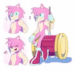 Size: 2048x1967 | Tagged: safe, artist:peachsdmy, amy rose, 2025, abstract background, cute, exclamation mark, eyes closed, gender swap, heart, heart chest, holding something, looking at viewer, looking offscreen, mouth open, musical note, piko piko hammer, smile, solo, standing