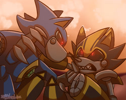 Size: 738x586 | Tagged: safe, artist:blitztheinkling, metal sonic, shard the metal, 2025, black sclera, clenched teeth, duo, glowing eyes, gradient background, looking at each other, robot, sharp teeth, signature, squabbling