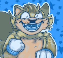 Size: 345x320 | Tagged: safe, artist:blitztheinkling, ray the flying squirrel, 2025, abstract background, blue tongue, clenched fist, fluffy, looking at viewer, mouth open, open mouth, outline, signature, solo, star (symbol)