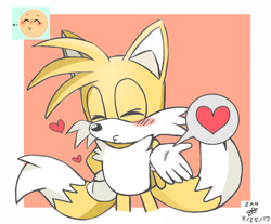 Size: 1200x992 | Tagged: safe, artist:kitties-and-heavy-metal, miles "tails" prower, 2017, abstract background, blowing a kiss, blushing, border, eyes closed, hand on hip, heart, reference inset, signature, solo, standing