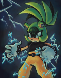 Size: 1626x2048 | Tagged: safe, artist:vesperiian, surge the tenrec, 2025, electricity, gradient background, looking offscreen, mouth open, open mouth, solo, standing