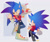 Size: 1280x1068 | Tagged: safe, artist:scuttletown, sonic the hedgehog, hedgehog, 2018, abstract background, apron, blushing, clothes, drink, food, fully clothed, holding something, jeans, looking at something, looking at viewer, looking back, looking back at viewer, looking over shoulder, male, name tag, notepad, pencil, plate, shirt, signature, smile, smoothie, solo, sparkles, standing, standing on one leg, waiter