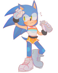 Size: 841x1060 | Tagged: safe, artist:scuttletown, sonic the hedgehog, 2018, blushing, drink, holding something, looking offscreen, shirt, shorts, simple background, sneakers, solo, sweatdrop, water bottle, white background, wiping face, workout outfit