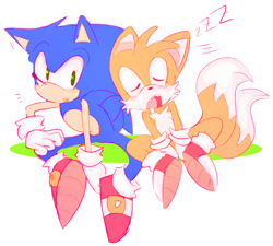 Size: 1223x1103 | Tagged: safe, artist:scuttletown, miles "tails" prower, sonic the hedgehog, 2017, blushing, cute, duo, eyes closed, grass, leaning on them, looking at viewer, male, mouth open, open mouth, simple background, sitting, sleeping, surprised, white background, zzz