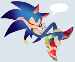 Size: 1280x1066 | Tagged: safe, artist:scuttletown, sonic the hedgehog, 2019, blushing, ear fluff, eyes closed, grey background, hand behind head, leaning back, male, mouth open, open mouth, signature, simple background, sitting, soap shoes, solo, speech bubble