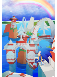 Size: 1280x1713 | Tagged: safe, artist:scuttletown, sonic the hedgehog, sonic heroes, 2018, abstract background, border, clouds, daytime, lesbian pride, looking offscreen, loop, male, ocean, ocean palace, outdoors, pride, rainbow, sitting, smile, solo, sun, water