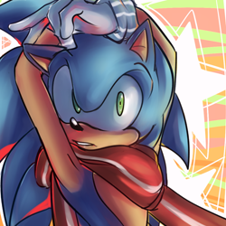 Size: 1000x1000 | Tagged: safe, artist:panafal, sonic the hedgehog, 2016, abstract background, arms above head, clenched teeth, looking at viewer, scarf, solo, star (symbol)