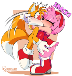 Size: 6513x6912 | Tagged: suggestive, artist:moisesgrafic, amy rose, miles "tails" prower, 2024, abstract background, age difference, blushing, blushing butt, butt, eyes closed, flying, heart eyes, holding them, kiss, mid-air, sfx, shipping, signature, smack, spinning tails, standing, straight, surprise kiss, surprised, tailamy