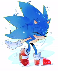 Size: 1661x2048 | Tagged: safe, artist:shuijingsdd, sonic the hedgehog, 2025, abstract background, eyes closed, heart, outline, redraw, shaking, signature, smile, snow, solo, standing