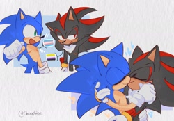 Size: 2048x1423 | Tagged: safe, artist:shoopise, shadow the hedgehog, sonic the hedgehog, 2025, blushing, cute, duo, eyes closed, gay, grey background, hugging, nonbinary, nonbinary pride, shadow x sonic, shadowbetes, shipping, signature, simple background, smile, sonabetes, standing, t4t, top surgery scars, trans male, trans pride, transgender, transmasculine