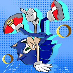 Size: 1280x1280 | Tagged: safe, artist:kitzu101, sonic the hedgehog, 2024, abstract background, clenched teeth, handstand, looking at viewer, pointing, ring, smile, solo